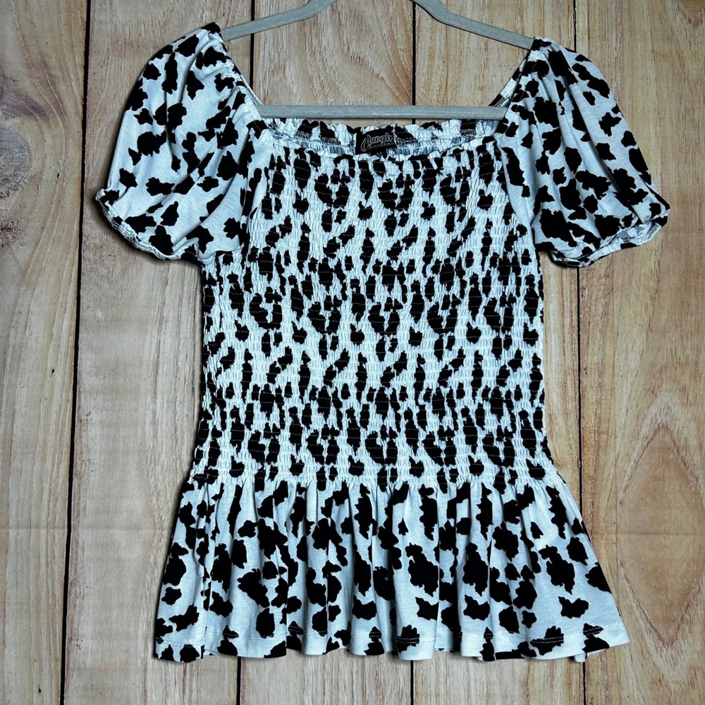 Y2K Cowgirl Hardware Smocked Top Womens M Black White Cow Print‎ Western Cowcore